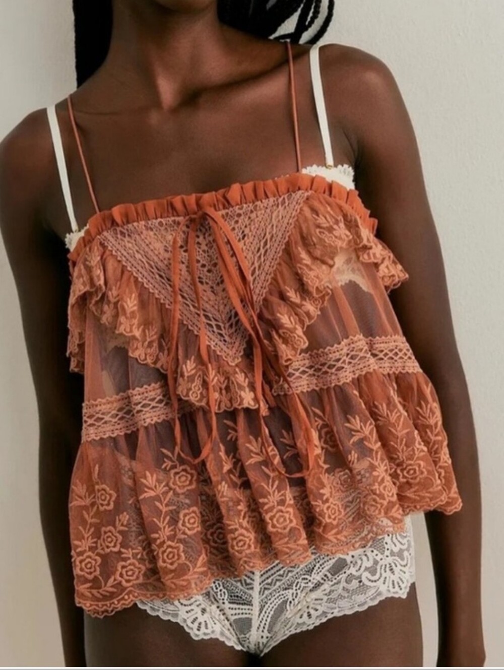 Free People Womens Large Sofia Sheer Rust Lace Ruffle Cami Top